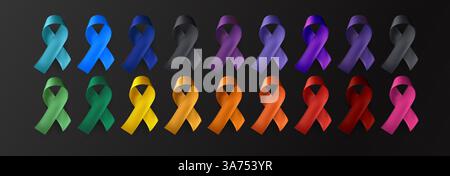 Glossy awareness ribbons in multiple colors on dark background. Symbol of medical support, social unity, charity, cause prevention. Design element for Stock Vector