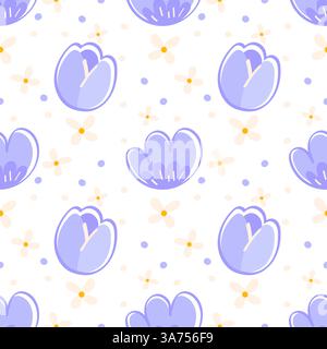 Seamless pattern featuring purple tulip and scallop-style florals with beige blossoms Stock Vector