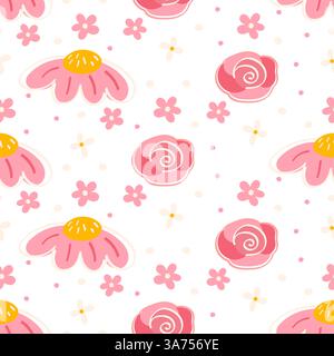 Romantic seamless pattern with swirled roses and pink daisies Stock Vector