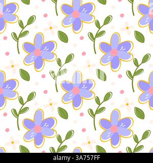 Purple flower seamless pattern with leaves light beige blossom Stock Vector