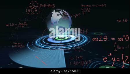 Image of mathematical equations over globe and scope scanning Stock Photo
