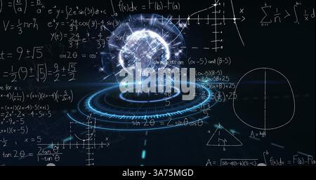 Image of mathematical equations over globe and scope scanning Stock Photo