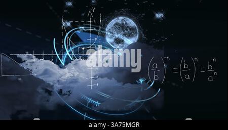Image of mathematical equations over globe and scope scanning Stock Photo