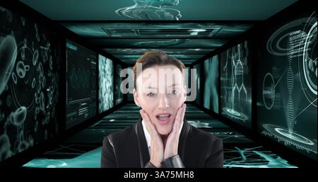 Image of smiling businesswoman over screens with medical data processing Stock Photo