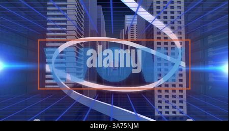 Image of blue text wow, with white swirl, over modern cityscape Stock Photo