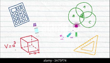 Digital image of mathematical concept icons against white lined paper Stock Photo