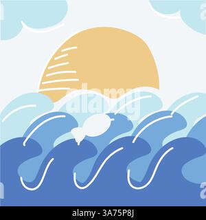 Sun setting over ocean waves and sky. Vector Stock Vector