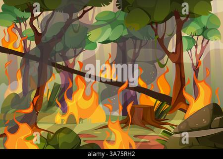 Forest fire or wood combustion, trees burning. Vector symbol for wildfire danger and ignition hazard. Flaming disaster and wilderness crisis warning. Stock Vector