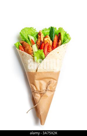 Tortilla wrap sandwich with fried chicken meat and vegetables isolated on white background. Stock Photo