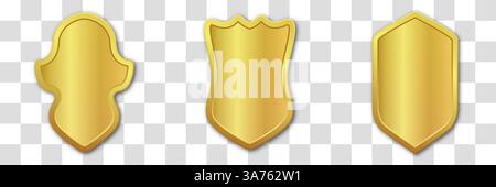 Set of realistic golden heraldic shields. Vector illustration on a transparent background. Stock Vector