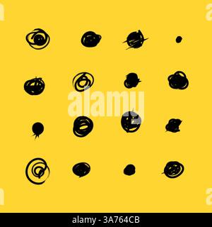 Set of hand drawn doodle circles in a grunge style. Yellow background. Scribble doodle circle and point. Collection black shapes dots and drops. Vecto Stock Vector