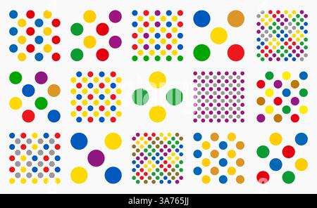 Set of seamless polka dot patterns with colorful round and circle shapes. Modern geometric vector designs for wallpapers and backgrounds. Minimal aest Stock Vector