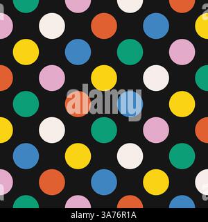 Colorful round polka dots on black background. Seamless geometric vector design with a modern retro look. High quality illustration for decor and prin Stock Vector