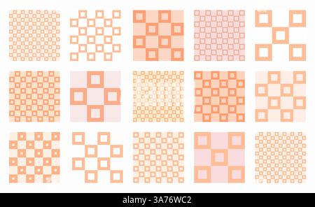 Set of seamless checkered grid patterns in Peach Fuzz tones. Square, block, tile shapes in Memphis style. Modern geometric vector design for backgroun Stock Vector
