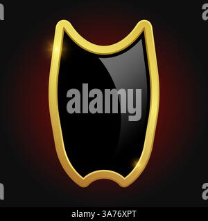 Black shield with glossy bright golden frame isolated on red background. Luxury logo design element. Vector illustration. Stock Vector