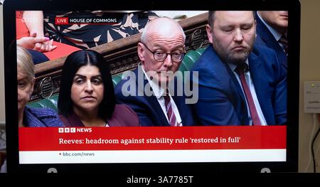 'Reeves: headroom against stability rule 'restored in full' .  Pat McFadden Chancellor of the Duchy of Lancaster, Shabana Mahmood Secretary of State for Justice Birmingham Ladywood, Ian Murray Scotland. Rachel Reeves Chancellor of the Exchequer Labour government presenting Spring Statement in the House of Commons 26 March 2025 London England UK Great Britain Stock Photo