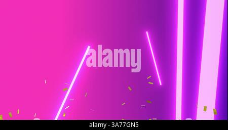 Digital image of golden confetti falling over neon lines against purple gradient background Stock Photo