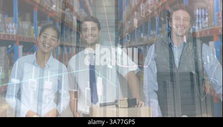 Statistical data processing against diverse male and female supervisors smiling at warehouse Stock Photo