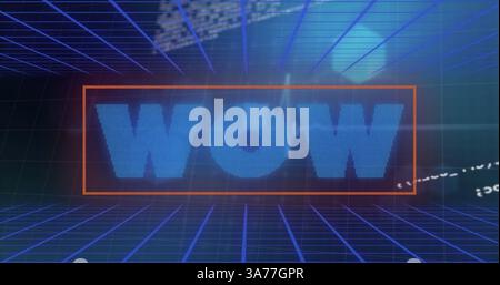 Image of wow text over blue grid and data processing Stock Photo