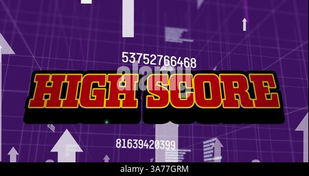 Image of high score text and arrows over grid and data processing Stock Photo