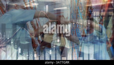 Financial data processing against group of diverse volunteers making a hand stack at warehouse Stock Photo