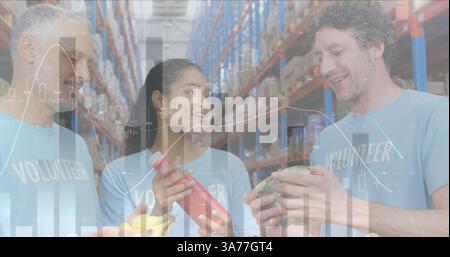 Statistical data processing against male and female volunteers opening donation bags at warehouse Stock Photo