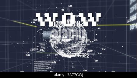 Image of wow text over network of connections and data processing on grid Stock Photo