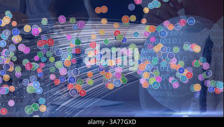 Image of network of connections with icons, globe and binary coding over business people Stock Photo