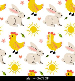 Seasonal pattern featuring cute rabbits and chickens on a bright background Stock Vector