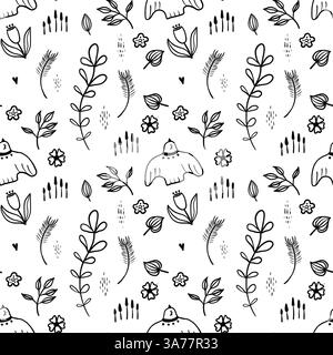 Cute black and white doodle seamless pattern. Bird and flowers. Stock Photo