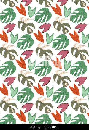 Seamless pattern with colorful Monstera and Caladium leaves. Tropical background with botanical foliage. Vector illustration in flat style Stock Vector