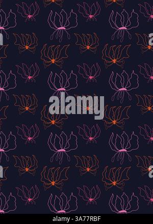 Seamless pattern Exotic Flame Lily. Tropical floral sample with botanical flowers with line art outline on dark background. Vector illustration Stock Vector