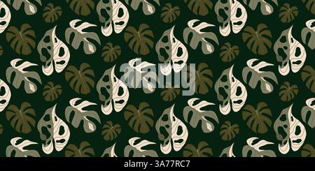 Seamless pattern with Monstera leaves. Tropical exotic dark background with green and beige foliage. Modern vector illustration in flat style Stock Vector
