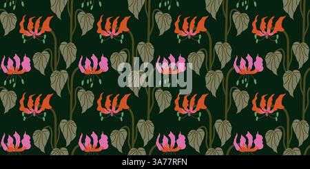 Seamless pattern with exotic Flame Lily on dark background. Tropical floral with elegant botanical flowers and leaves. Vector illustration Stock Vector