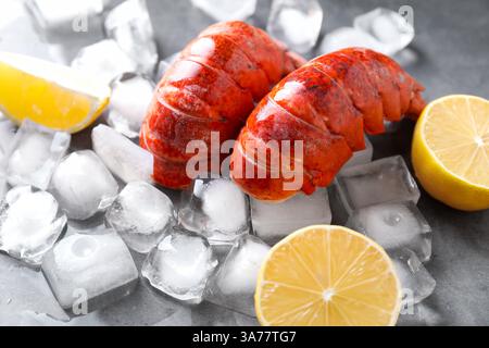 Tails of boiled lobsters with ice cubes and lemon pieces on grey table, closeup Stock Photo