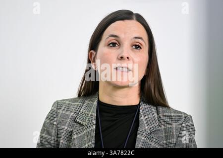 Miroslava Flimelova, research assistant at the Institute of Physics of the CAS, presented the LasApp project at the HiLASE Centre, Dolni Brezany, Central Bohemian Region, Czech Republic, March 26, 2025, which develops laser surface treatment against bacteria at the BIOCEV and HiLASE Centre. Scientists in the Czech Republic are developing new surfaces that prevent microorganisms from adhering. Their surface communities, called biofilms, often contaminate medical equipment or damage industrial facilities. Experts are working on laser technologies that can suitably modify the surface at the micro Stock Photo