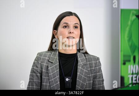 Miroslava Flimelova, research assistant at the Institute of Physics of the CAS, presented the LasApp project at the HiLASE Centre, Dolni Brezany, Central Bohemian Region, Czech Republic, March 26, 2025, which develops laser surface treatment against bacteria at the BIOCEV and HiLASE Centre. Scientists in the Czech Republic are developing new surfaces that prevent microorganisms from adhering. Their surface communities, called biofilms, often contaminate medical equipment or damage industrial facilities. Experts are working on laser technologies that can suitably modify the surface at the micro Stock Photo
