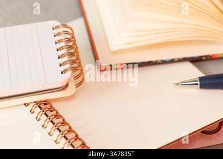 Elegant notebook and pen, empty space for writing. Official note. diary, business notebook. close up. copy space Stock Photo