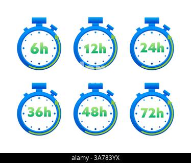 12, 24, 36, 48 and 72 hours clock arrow. Working and Delivery service effect time icons. Order execution. Vector stock illustration Stock Vector