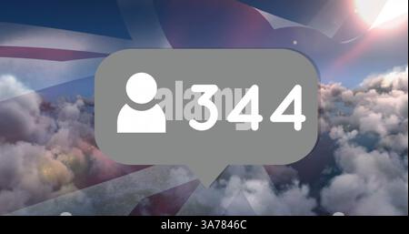 Social media notification icon with 344 followers over cloudy sky background Stock Photo