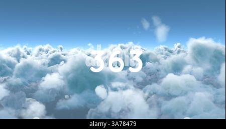 Floating in bright blue sky, white number 363 above fluffy clouds Stock Photo