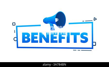 Megaphone with Benefits speech bubble banner. Promotion and advertising label. Vector stock illustration Stock Vector
