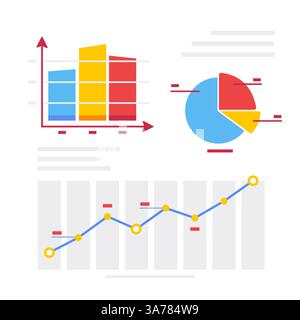 Set of colorful business data charts including bar graph, pie chart, and line graph vector illustrations for statistical presentations Stock Vector