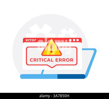 Vector illustration of a computer error message, depicting a critical alert with warning sign on a browser window, symbolizing system failure Stock Vector