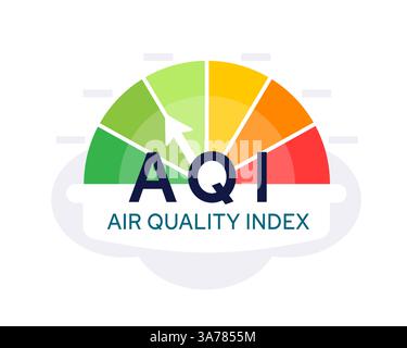 Colorful Air Quality Index AQI gauge vector illustration - modern, clean design depicting air pollution measurement and environmental health indicator Stock Vector