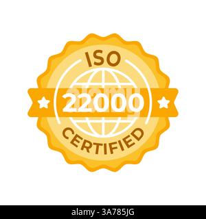 Vector illustration of ISO 22000 Certified seal with golden badge and stars, representing international food safety management standards Stock Vector