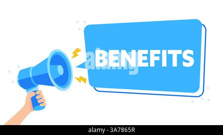 Hand Holding Blue Megaphone with BENEFITS Announcement Bubble Vector Design Stock Vector