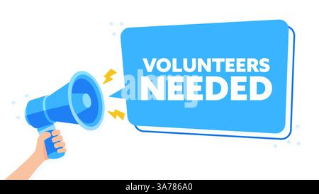 Engaging Blue Megaphone Illustration for VOLUNTEERS NEEDED with Hand Holding Announcement Sign Stock Vector