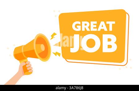 Hand Holding Megaphone with GREAT JOB Announcement in Bright Orange Vector Illustration Stock Vector