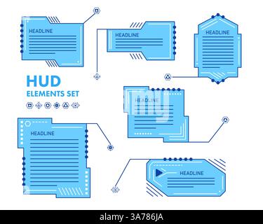 Blue futuristic HUD Heads-Up Display interface elements with various geometric shapes. Sci Fi User Interface for Gaming UX UI. Vector illustration Stock Vector